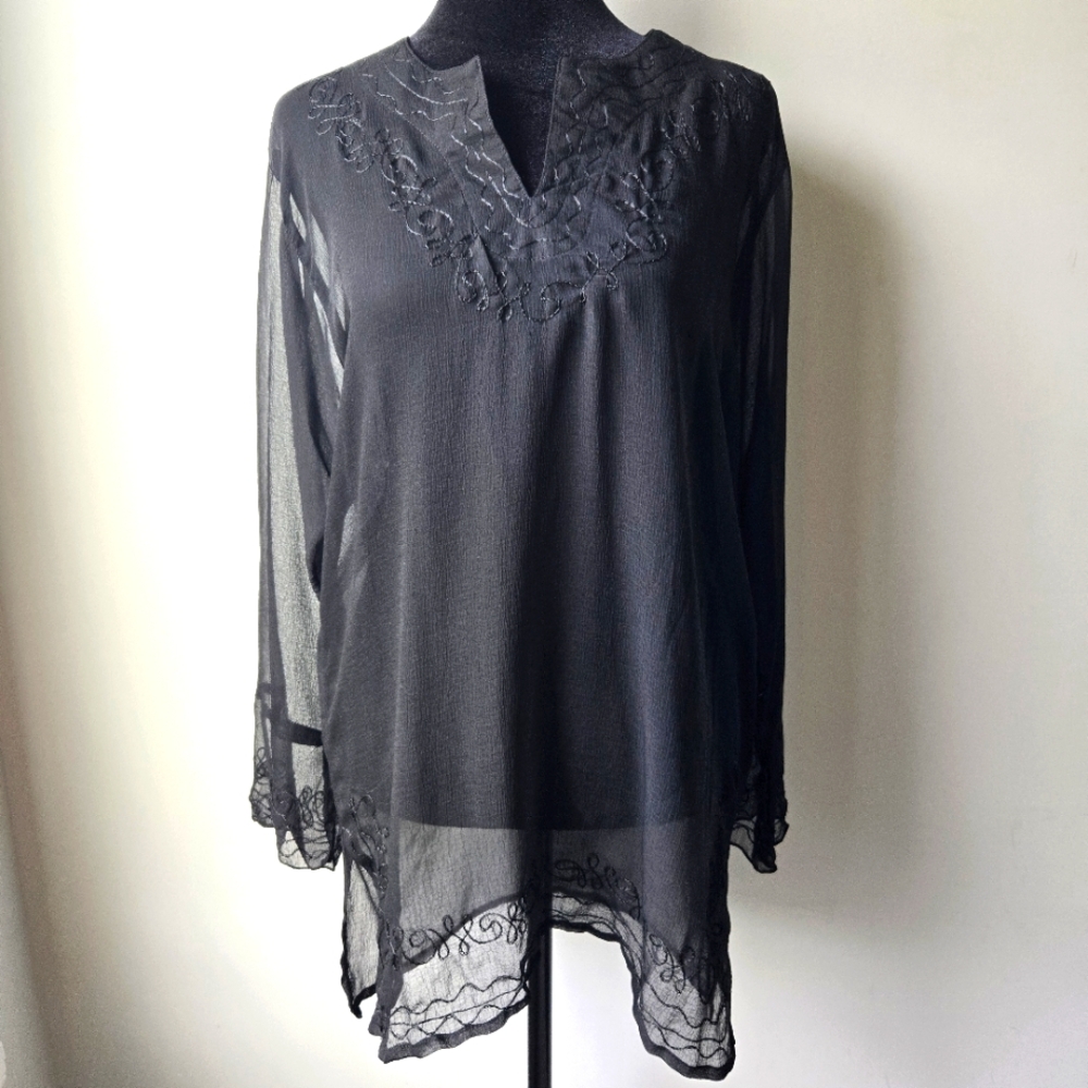 Sand & Sun Swim Suit Cover Up Women's Sheer Top Small Black Sheer Beach Pool